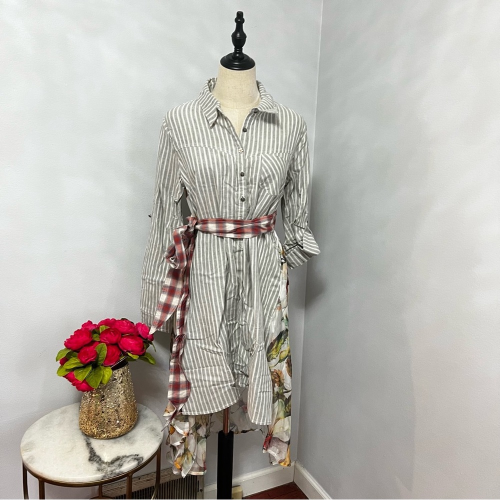 ARATTA Lolita Stripe Mixed Media Tunic With Plaid Waist Tie- New With Tag Size M
